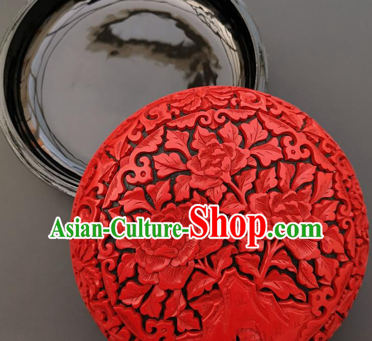 Chinese Handmade Carving Peony Lacquer Inkpad Box Traditional Lacquerware Craft Wedding Red Rouge Box