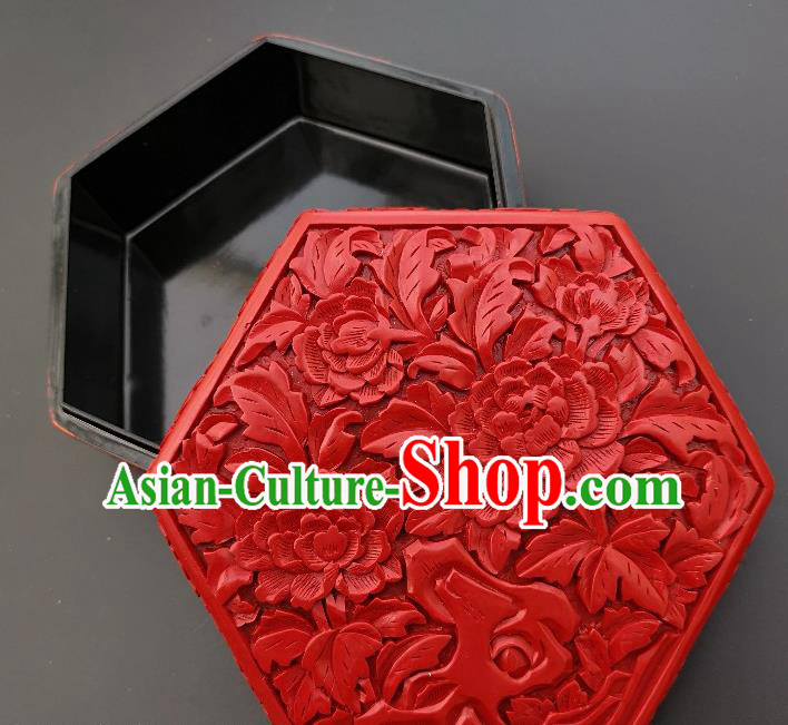 Chinese Handmade Carving Peony Lacquer Hexagon Inkpad Box Traditional Lacquerware Craft Wedding Red Rouge Box