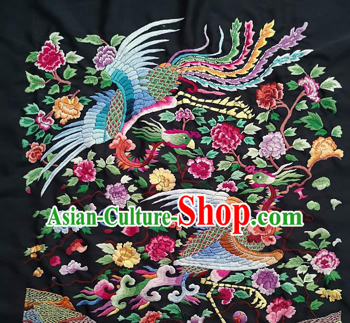Traditional Chinese Embroidered Phoenix Peony Black Silk Fabric Patches Handmade Embroidery Craft Accessories Embroidering Dress Applique