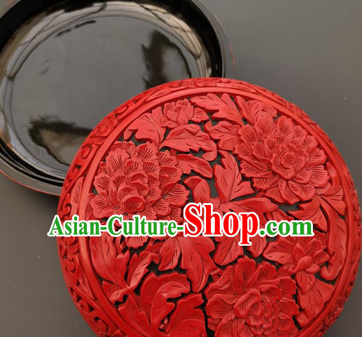Chinese Handmade Carving Peony Round Lacquer Inkpad Box Traditional Lacquerware Craft Wedding Red Rouge Box