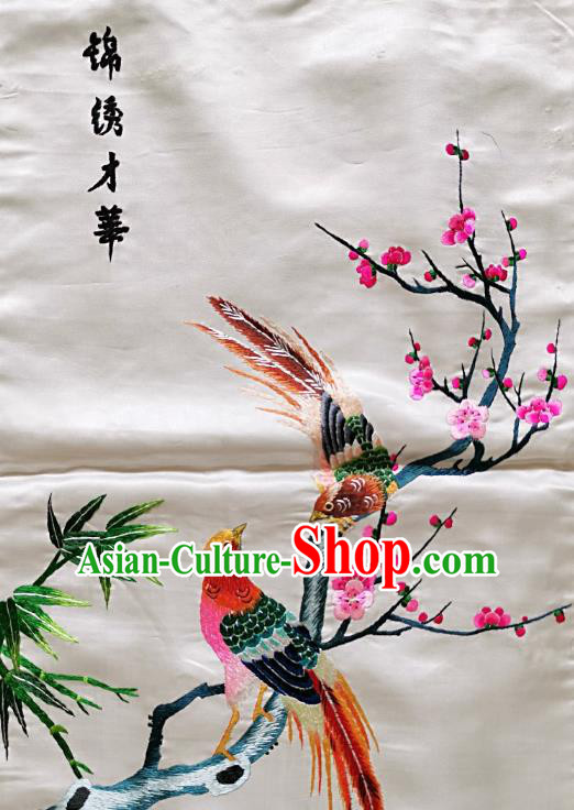 Chinese National Embroidered Paintings Traditional Handmade Embroidery Plum Birds Craft Decorative White Silk Wall Picture