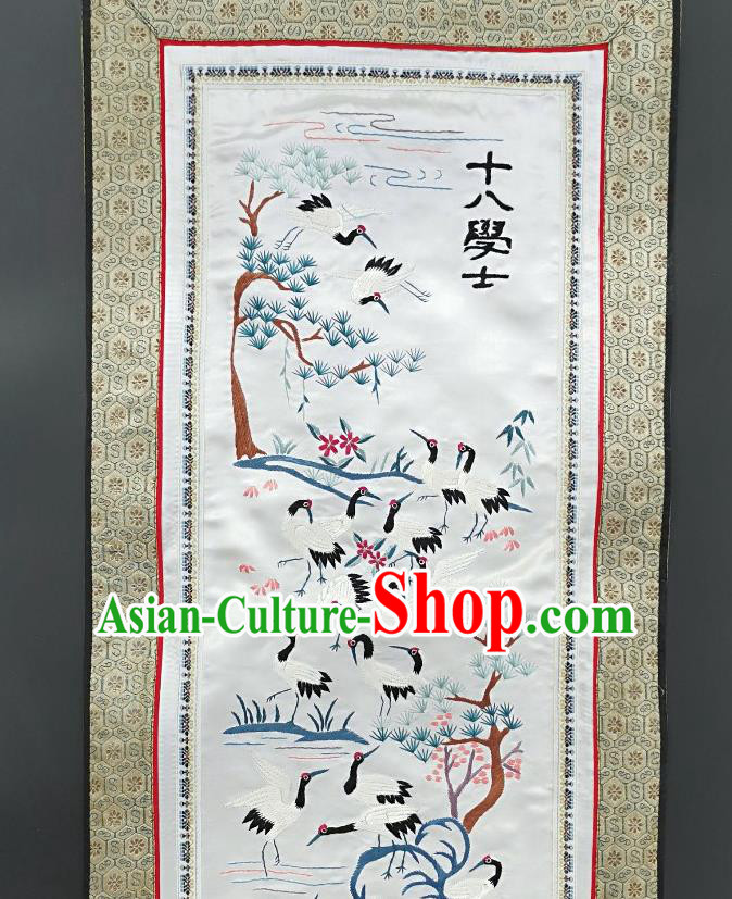 Chinese National Embroidered Cranes White Silk Paintings Traditional Handmade Embroidery Craft Decorative Wall Picture