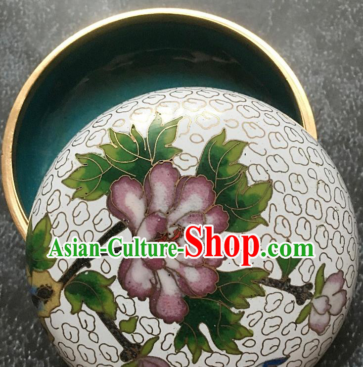Chinese Traditional Cloisonne Peony Pattern Rouge Box Handmade Brass Craft Enamel White Inkpad Box Accessories