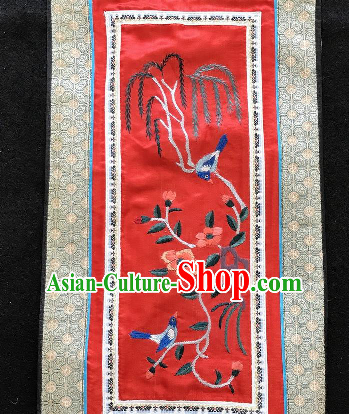 Chinese National Embroidered Willow Bird Paintings Traditional Handmade Embroidery Decorative Red Silk Picture Craft