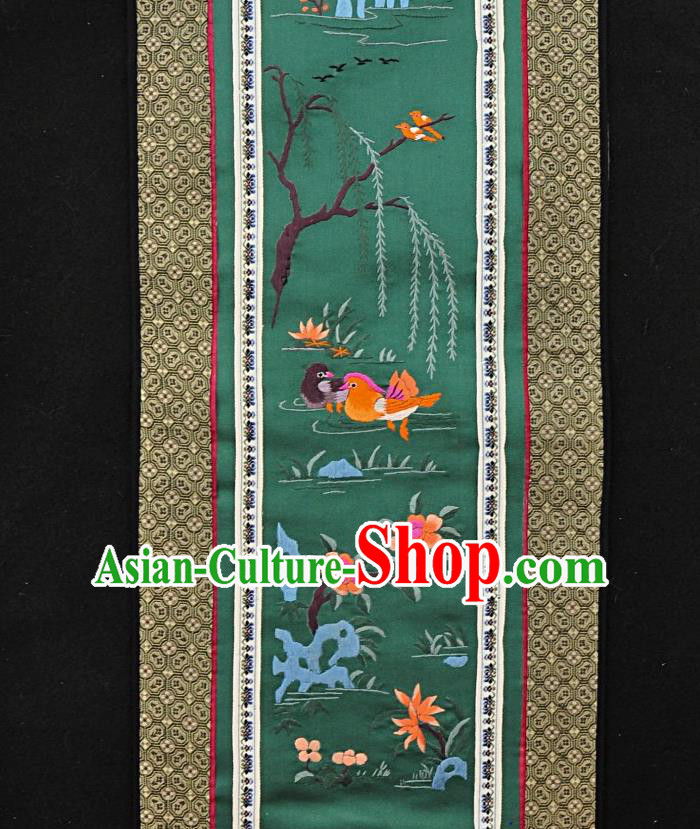 Chinese National Embroidered Orange Mandarin Duck Green Silk Painting Traditional Handmade Embroidery Craft Embroidering Decorative Wall Picture