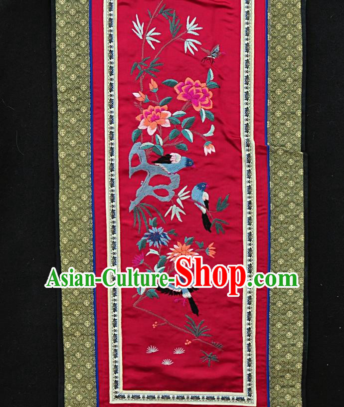 Chinese National Embroidered Flower Bird Wine Red Silk Painting Traditional Handmade Embroidery Craft Embroidering Decorative Wall Picture