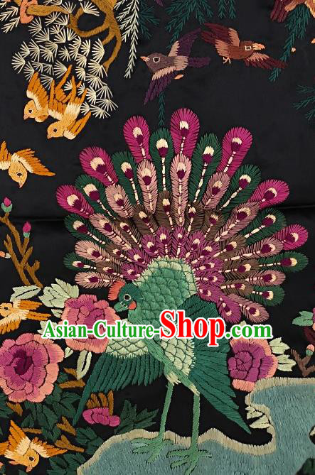 Traditional Chinese Embroidered Peacock Birds Fabric Hand Embroidering Dress Applique Embroidery Black Silk Patches Accessories