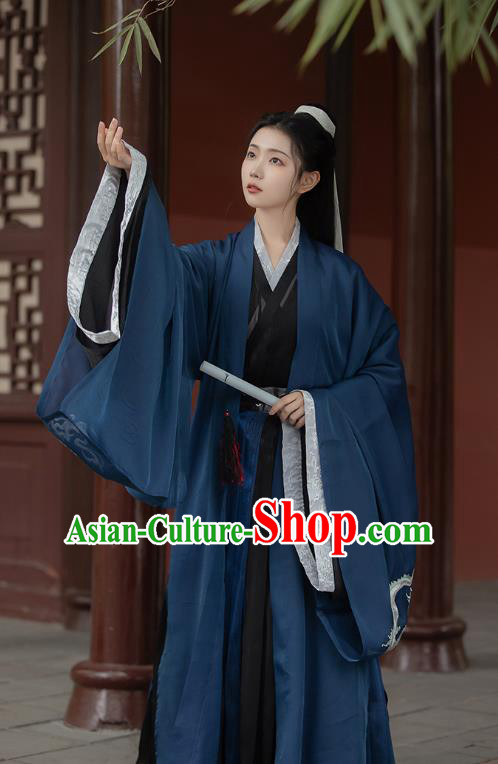 Chinese Jin Dynasty Scholar Childe Costumes Traditional Ancient Swordsman Hanfu Garment Navy Cloak Shirt and Skirt for Men