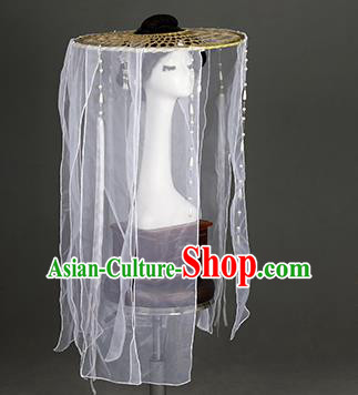 Chinese Traditional Ancient Swordswoman Headwear Handmade Princess Hanfu White Chiffon Veil Bamboo Hat