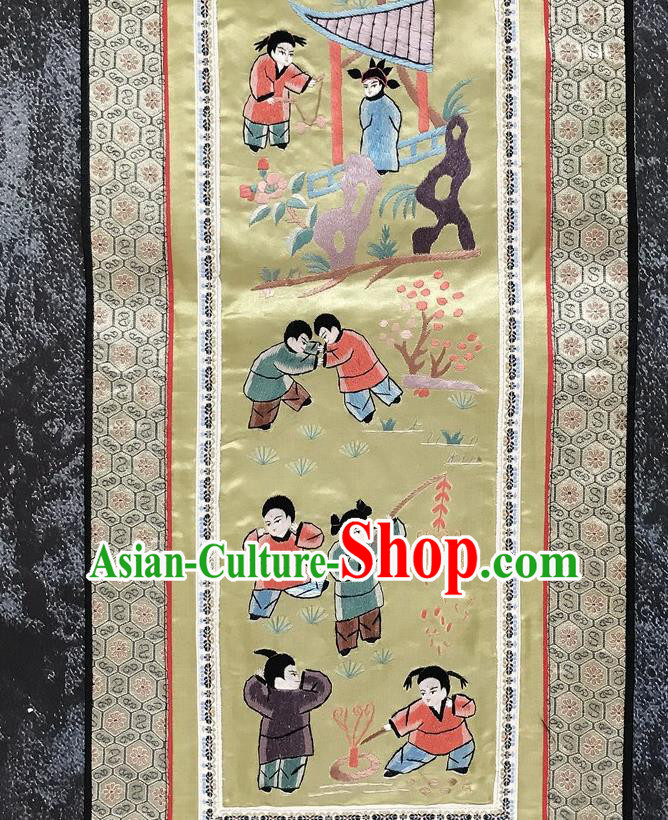 Chinese National Embroidered Eight Kids Paintings Traditional Handmade Embroidery Decorative Light Yellow Silk Picture Craft