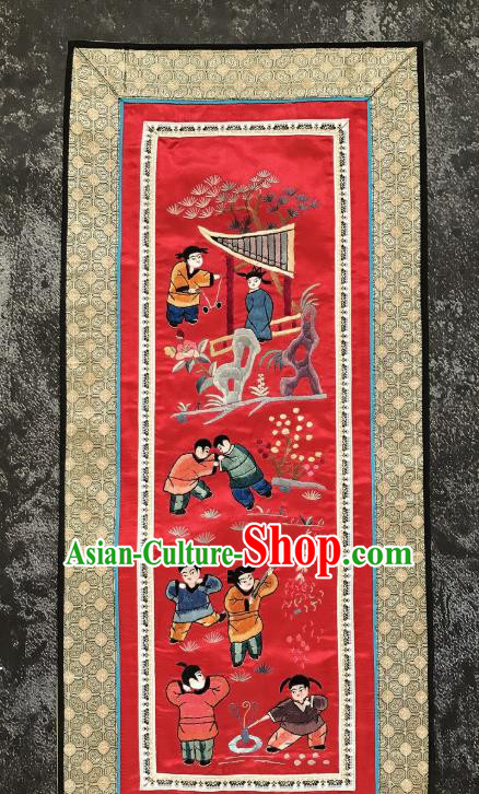 Chinese National Embroidered Eight Kids Paintings Traditional Handmade Embroidery Decorative Red Silk Picture Craft