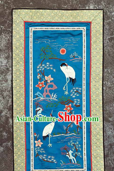 Chinese National Embroidered Pine Cranes Blue Silk Paintings Traditional Handmade Embroidery Decorative Picture Craft