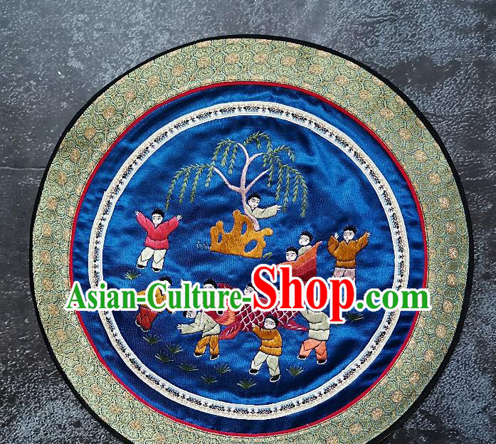 Traditional Chinese Embroidered Children Fish Fabric Hand Embroidering Dress Applique Embroidery Royalblue Silk Patches Accessories