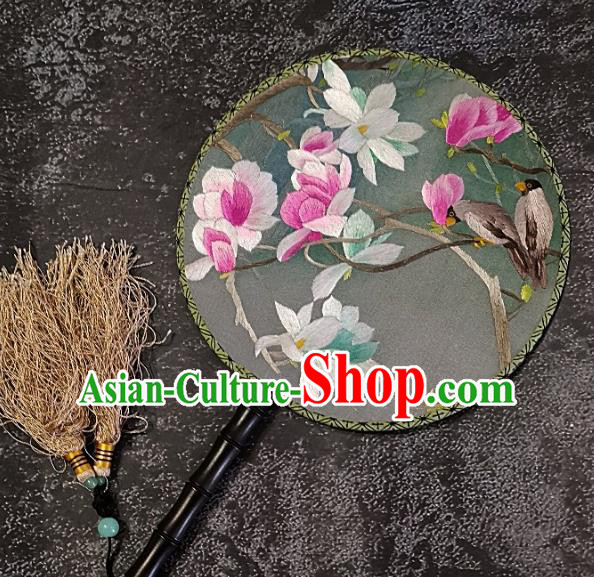 Chinese Traditional Embroidery Mangnolia Silk Palace Fans Handmade Embroidered Round Fan Craft