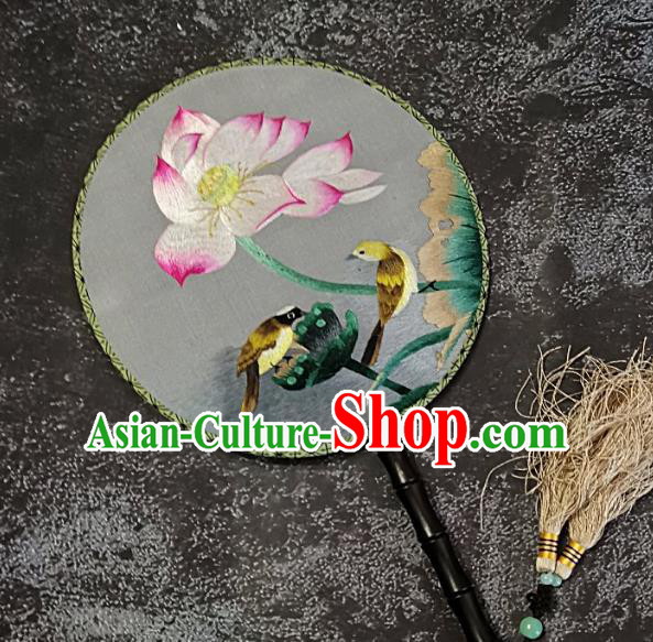 Chinese Traditional Embroidery Lotus Palace Fans Handmade Embroidered Round Fan Silk Craft