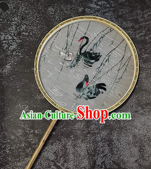 Chinese Traditional Embroidery Swan Palace Fans Handmade Mottled Bamboo Round Fan Embroidered Silk Craft