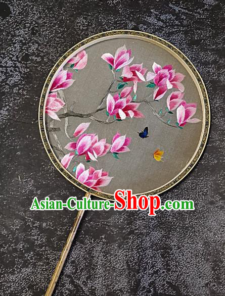 Chinese Traditional Embroidery Mangnolia Butterfly Palace Fans Handmade Mottled Bamboo Round Fan Embroidered Silk Fan Craft