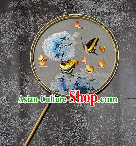 Chinese Traditional Embroidery Butterfly Palace Fans Handmade Mottled Bamboo Round Fan Embroidered Silk Fan Craft