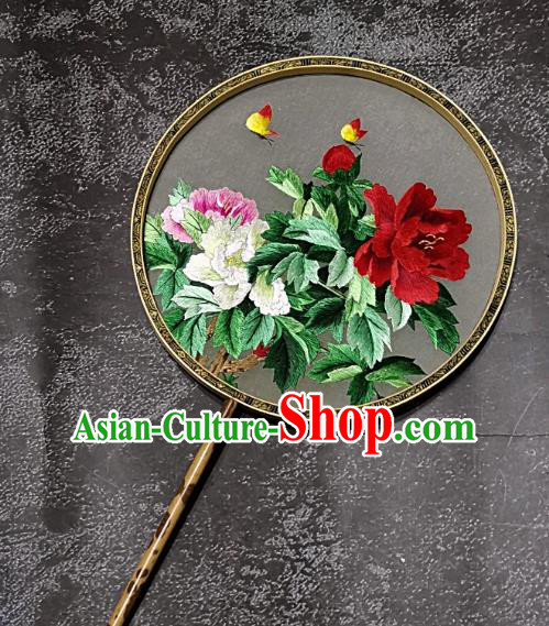 Chinese Traditional Embroidery Peony Palace Fans Handmade Mottled Bamboo Round Fan Embroidered Butterfly Silk Fan Craft