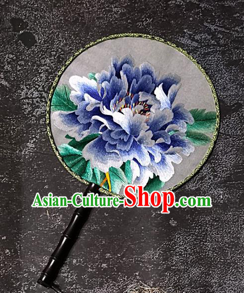 Chinese Traditional Embroidery Blue Peony Palace Fans Handmade Round Fan Embroidered Silk Fan Craft