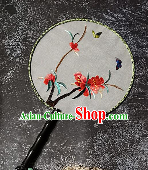 Chinese Traditional Embroidery Red Flower Palace Fans Handmade Round Fan Embroidered Silk Fan Craft