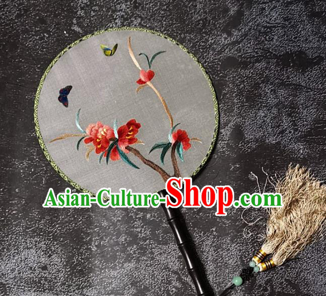 Chinese Traditional Embroidery Red Flower Palace Fans Handmade Round Fan Embroidered Silk Fan Craft