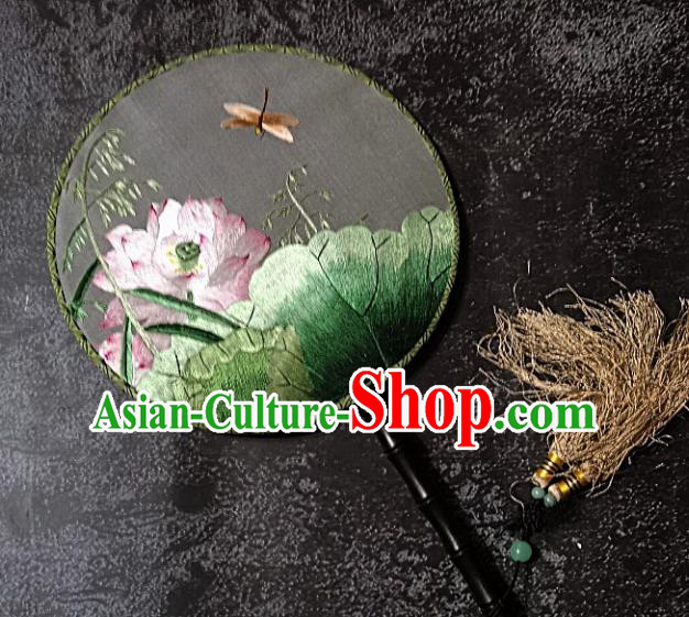 Chinese Traditional Palace Fans Handmade Embroidery Round Fan Embroidered Dragonfly Lotus Silk Fan Craft