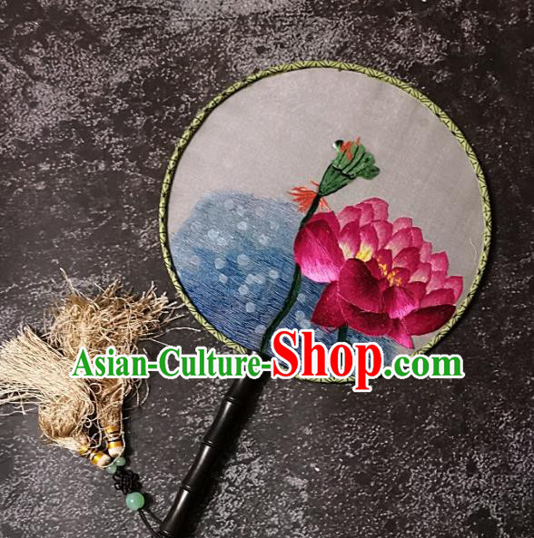 Chinese Traditional Embroidered Palace Fans Handmade Embroidery Lotus Round Fan Silk Fan Craft