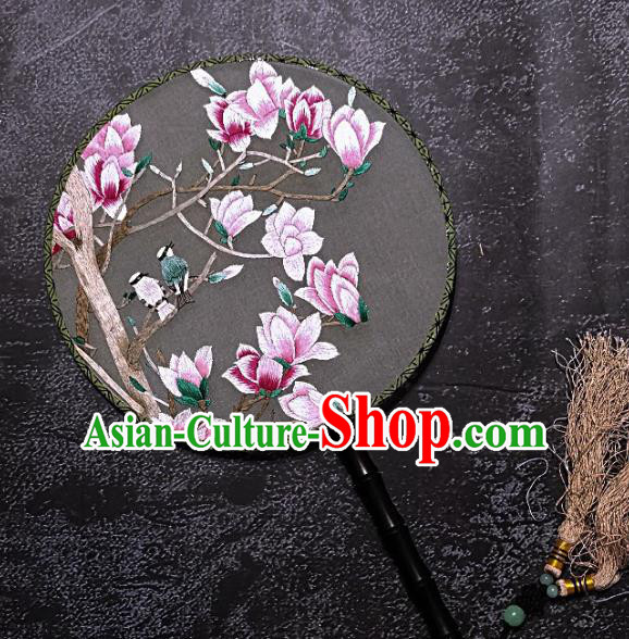 Chinese Traditional Embroidered Palace Fans Handmade Embroidery Pink Magnolia Round Fan Silk Fan Craft