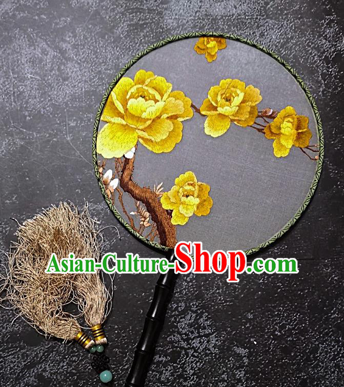 Chinese Traditional Embroidered Palace Fans Handmade Embroidery Yellow Peony Round Fan Silk Fan Craft