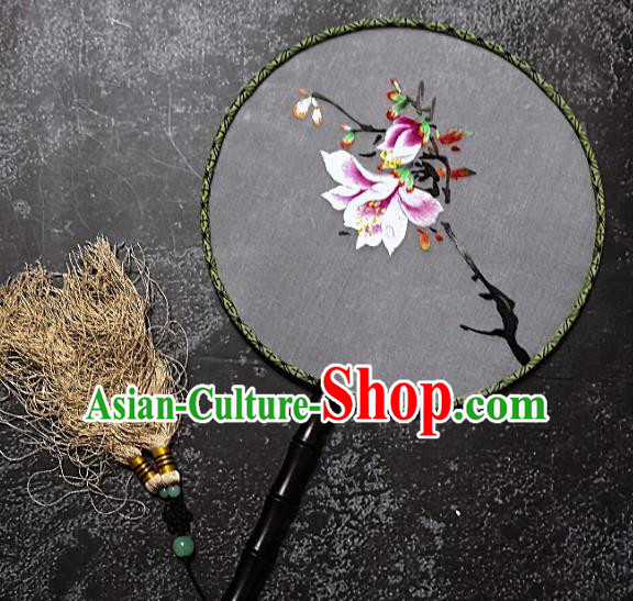 Chinese Traditional Embroidered Palace Fans Handmade Embroidery Yulan Magnolia Round Fan Silk Fan Craft