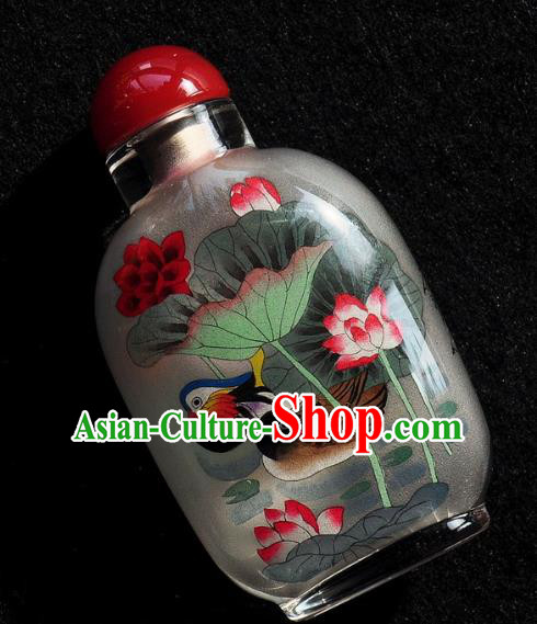 Chinese Handmade Snuff Bottle Traditional Inside Painting Mandarin Duck Lotus Snuff Bottles Artware