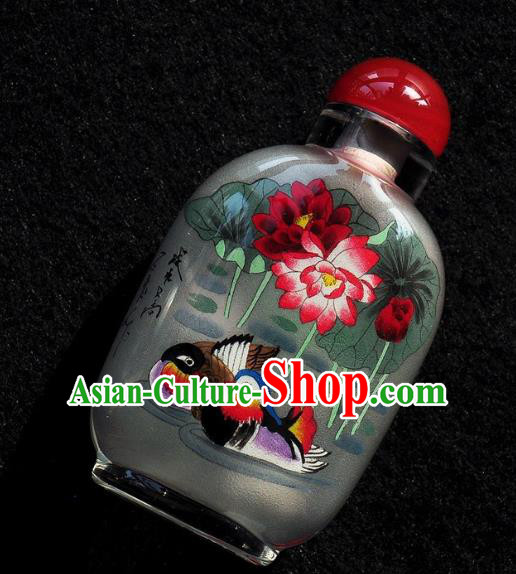 Chinese Handmade Snuff Bottle Traditional Inside Painting Mandarin Duck Lotus Snuff Bottles Artware