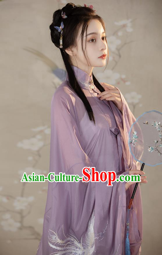 Chinese Ming Dynasty Noble Lady Costumes Traditional Ancient Princess Garment Hanfu Embroidered Purple Blouse and Skirt Complete Set
