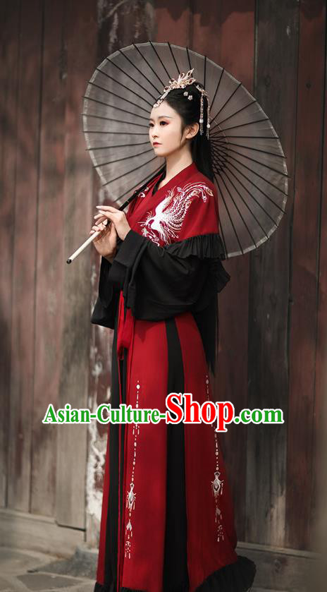 Chinese Jin Dynasty Royal Princess Embroidered Costumes Traditional Ancient Swordswoman Garment Hanfu Dress Red Blouse and Skirt Full Set