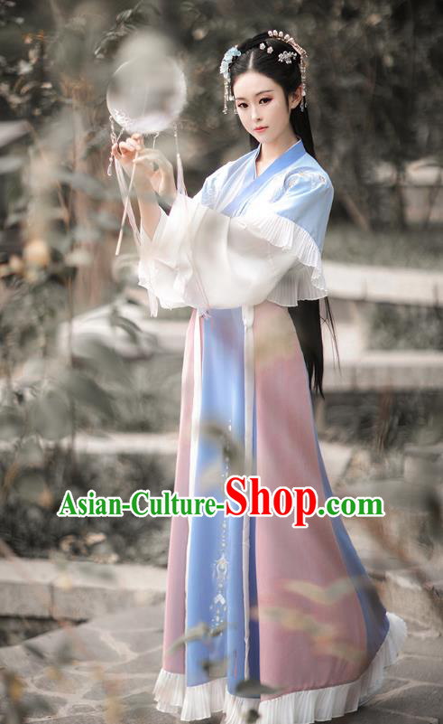 Traditional Chinese Jin Dynasty Embroidered Costumes Ancient Royal Princess Hanfu Dress Blue Half Sleeve Garment Blouse and Skirt Complete Set