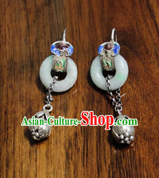 Chinese Handmade Blueing Silver Ear Accessories Traditional Jade Peace Buckle Earrings for Women