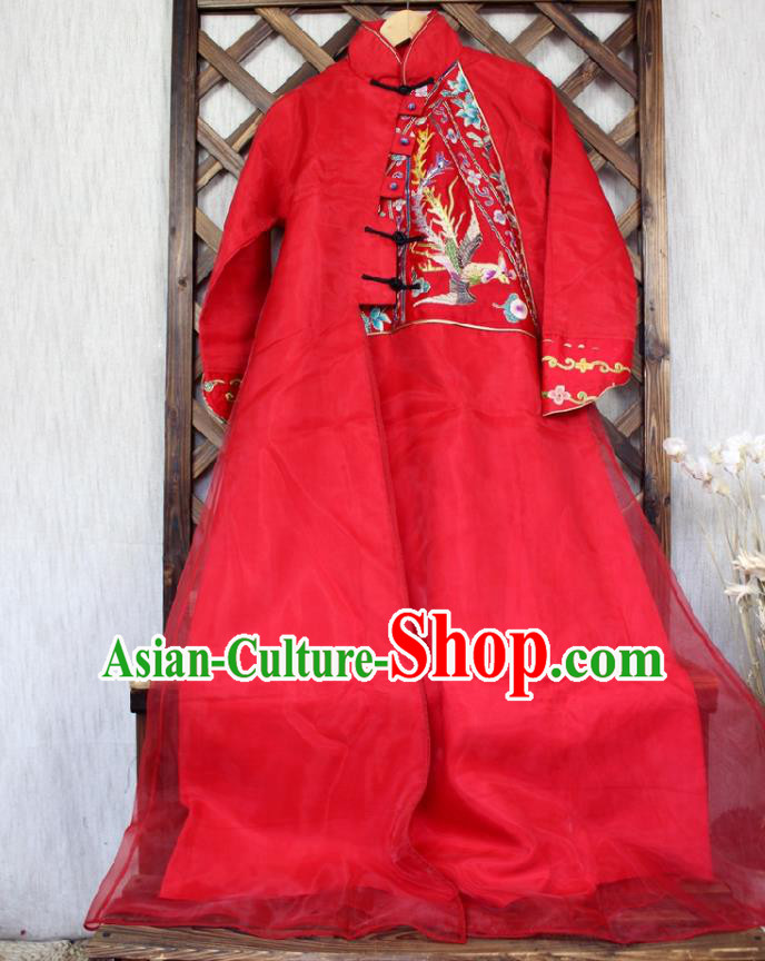 Traditional Chinese Embroidered Phoenix Red Cheongsam National Costume Republic of China Stand Collar Organza Qipao Dress for Women