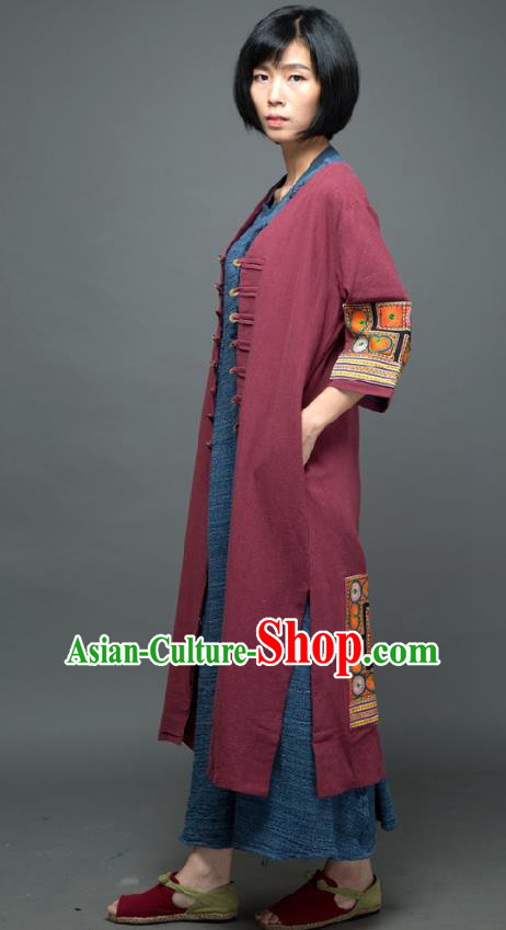 Traditional Chinese Embroidered Wine Red Flax Dust Coat National Costume Tang Suit Overcoat for Women