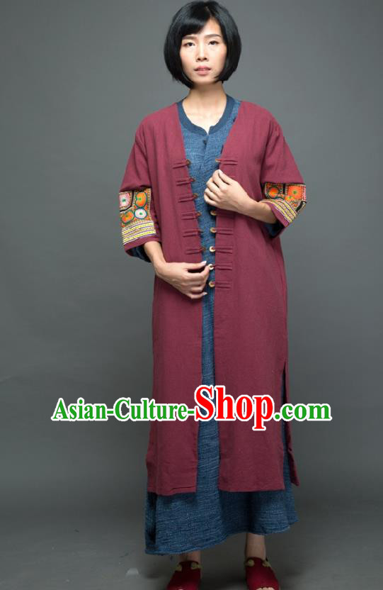 Traditional Chinese Embroidered Wine Red Flax Dust Coat National Costume Tang Suit Overcoat for Women
