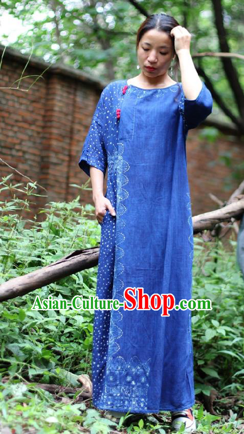 Traditional Chinese Hand Painting Qipao Dress National Costume Tang Suit Blue Flax Cheongsam for Women