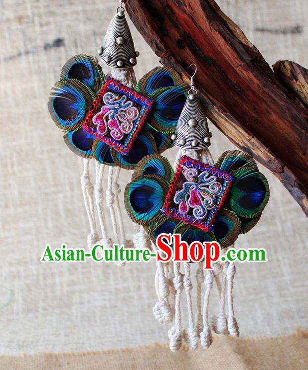 Chinese Handmade Miao Nationality Feather Earrings Traditional Minority Ethnic Silver Jewelry Ear Accessories for Women