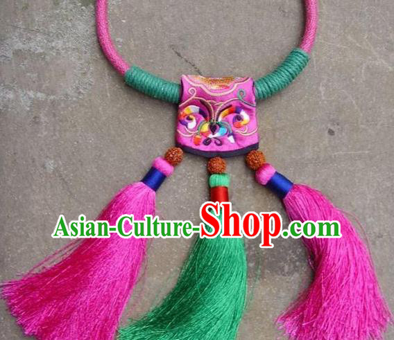 Chinese Handmade Miao Nationality Embroidered Tassel Necklace Traditional Minority Ethnic Necklet Accessories for Women