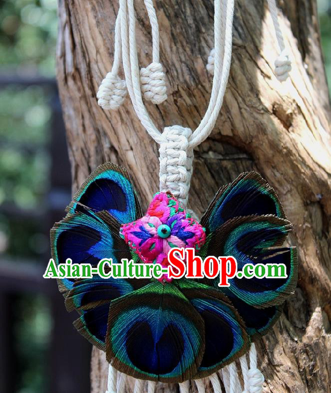 Chinese Handmade Miao Nationality Embroidered Necklace Traditional Minority Ethnic Peacock Feather Necklet Accessories for Women