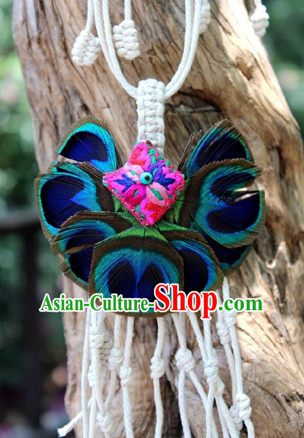 Chinese Handmade Miao Nationality Embroidered Necklace Traditional Minority Ethnic Peacock Feather Necklet Accessories for Women