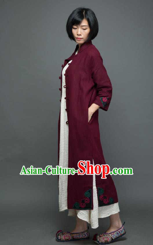 Traditional Chinese Overcoat Dress National Costume Tang Suit Embroidered Wine Red Dust Coat for Women