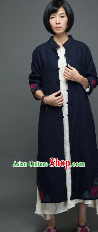 Traditional Chinese Overcoat Dress National Costume Tang Suit Embroidered Navy Dust Coat for Women