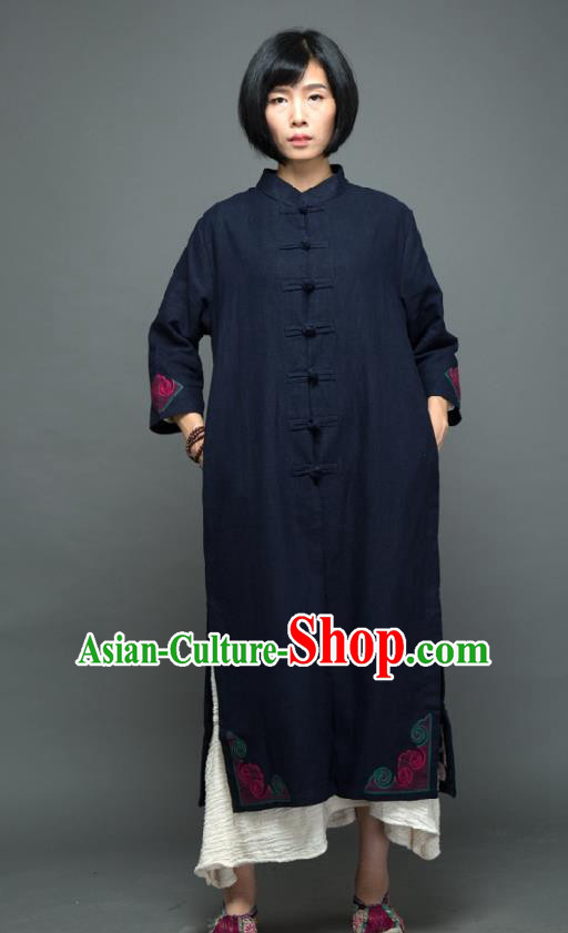 Traditional Chinese Overcoat Dress National Costume Tang Suit Embroidered Navy Dust Coat for Women