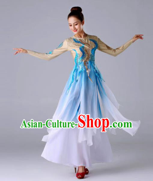 Traditional Chinese Classical Dance Blue Outfits Fan Dance Dress Umbrella Dance Stage Performance Costume for Women
