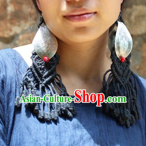 Chinese Handmade Miao Nationality Silver Carving Earrings Traditional Minority Ethnic Black Sennit Ear Accessories for Women